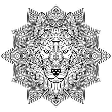 Patterned head wolf, husky, dog. Abstract ethnic image of the head of a wolf with ornament. Black, white ornament painted by hand. Animal in ethnic style for printing. Indian, Mexican motifs. Vector 