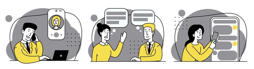 Talk, online consultation, customer support. Help line vector illustration set. Customer self-service, get in touch, call center, online assistance, FAQ, e-support system, live chat, virtual service 