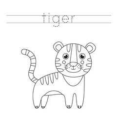 Tracing letters with cute tiger. Writing practice for kids.