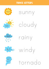 Tracing letters with cute kawaii weather events. Writing practice.