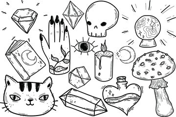 Magic Doodles, Mystical Collection, Crystals, Moon, Black Cat, Halloween Set, Coloring, Witchcraft, witch stickers isolated line. Hand drawn vector illustrations. Sketch for a tattoo.