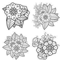 Set of Mehndi flower for henna, mehndi, tattoo, decoration. decorative ornament in ethnic oriental style. doodle ornament. outline hand draw illustration. coloring book page.