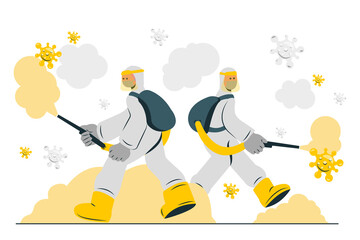 Sanitary Workers In Protective Suits Spreading Chemicals Or Virus Disinfection Concept Vector Illustration