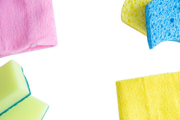 Rags and sponges for washing and cleaning lie in the corners,