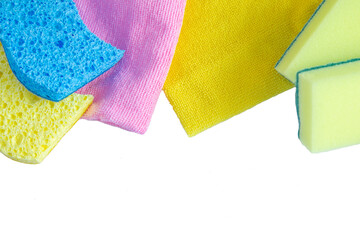 Rags and sponges for washing and cleaning are on top of the picture, the bottom