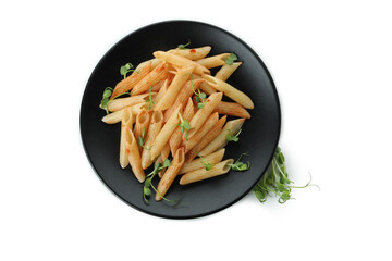 Plate with pasta with tomato sauce isolated on white background