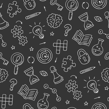 Puzzle and riddles. Hand drawn seamless pattern with crossword puzzle, maze, brain, chess piece, light bulb, labyrinth, gear, lock and key. Vector illustration in doodle style on chalkboard background
