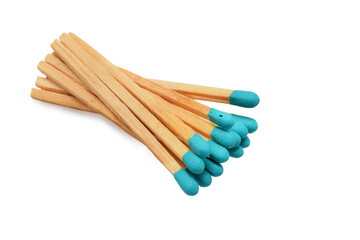 Matches wooden stics with turquoise sulfur in bunch isolated on white