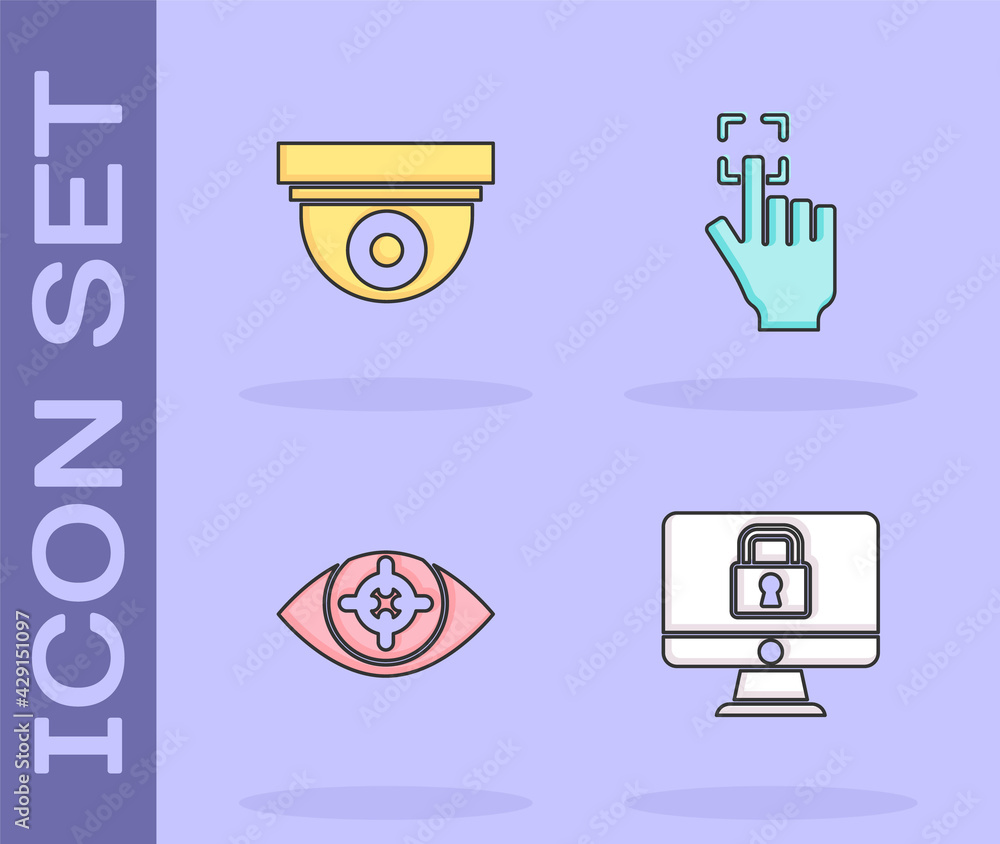 Poster set lock on monitor, security camera, eye scan and fingerprint icon. vector