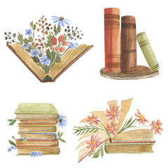 Pictures of a book with open pages and flowers