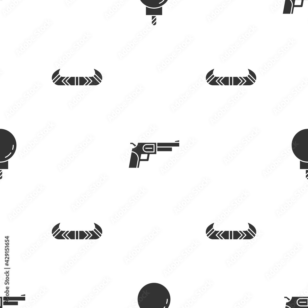 Poster set bomb ready to explode, revolver gun and kayak or canoe and paddle on seamless pattern. vector