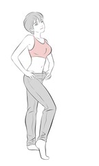 Perfect slimming body girl wearing big pants. vector illustration isolated cartoon hand drawn