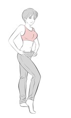Perfect slimming body girl wearing big pants. vector illustration isolated cartoon hand drawn