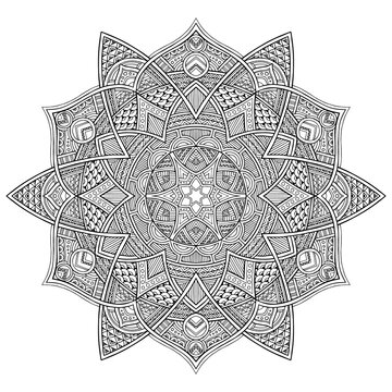 Isolated black round hexagonal floral ornament on a white background. Indian, Arabic, Mexican motifs pattern of fabric, clothing. The illustration is created manually. Image of ethnic pattern