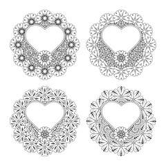 Set of Mehndi flower for henna, mehndi, tattoo, decoration. decorative ornament in ethnic oriental style. doodle ornament. outline hand draw illustration. coloring book page.