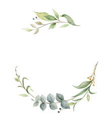 Watercolor vector wreath of green eucalyptus branches and leaves.