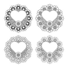 Set of Mehndi flower for henna, mehndi, tattoo, decoration. decorative ornament in ethnic oriental style. doodle ornament. outline hand draw illustration. coloring book page.