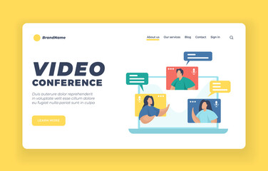 Video conferencing landing page website banner template. Flat vector illustration. Team working by group video call. Remote working. Online meetup. Social networking