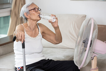 Thirsty elderly woman drinking water to quench thirst,refresh in hot summer weather,senior...