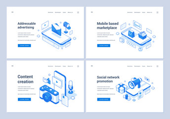 Set of blue and white vector illustrations of banners representing various modern services performing advertisement campaign for content and goods. 3D isometric web banners, landing page templates