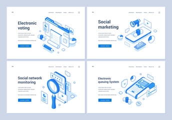 Set of blue and white vector illustrations of banners advertising various online electronic services for convenient life in modern world. 3D isometric web banners, landing page templates