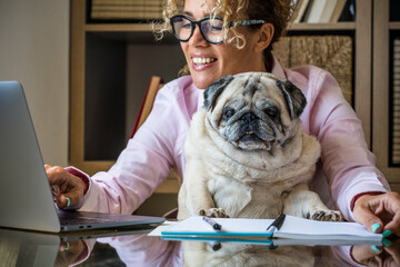 Adult woman work at laptop computer at home in office with her lovely best friend pug dog - concept of modern female people and smart working new job lifestyle workstation