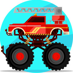 Fire Fighter Monster Truck with Ladder Flat Cartoon © Vecbit Studio