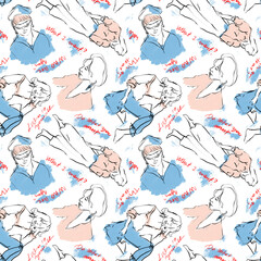 Abstract women's silhouette minimalist line wallpaper. Aesthetic contour. Sketch. Seamless pattern