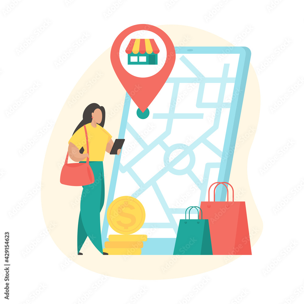 Poster store location. female cartoon character using mobile store application to search store location on 