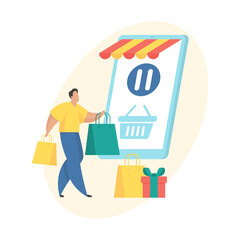 Mobile shopping application. Order on hold flat vector icon concept illustration. Male cartoon character standing near huge smartphone with shopping cart on screen