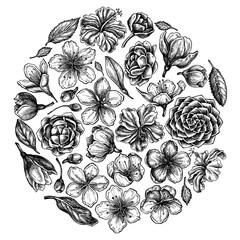 Round floral design with black and white hibiscus, plum flowers, peach flowers, sakura flowers, magnolia flowers, camellia japonica