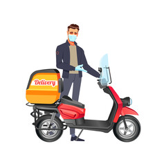 Fototapeta na wymiar Delivery man wear protective mask and ready to send delivering Food on scooter, express food delivery and shopping online concept. Cartoon flat design vector illustration isolated on white background