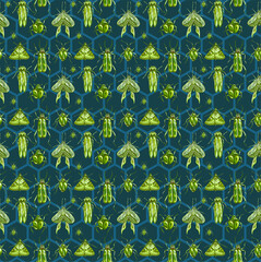 Seamless pattern of beetles, butterflies and moths drawn in gouache. Trending botanical background with various insects. Wild animals in pattern for textiles and typography
