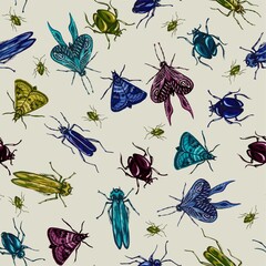 Seamless pattern of beetles, butterflies and moths drawn in gouache. Trending botanical background with various insects. Wild animals in pattern for textiles and typography