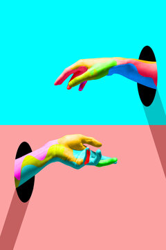 Contemporary art collage, modern design. Party mood. Bright colored hands catching each other.