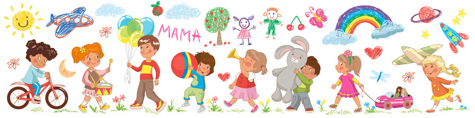 Vector set with little children. Preschool education.