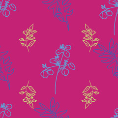 Fototapeta na wymiar Vector purple pink background herbs, leaf, flowers and plants texture seamless pattern. Seamless pattern background