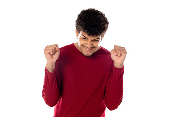 Cute african american man with afro hairstyle wearing a burgundy T-shirt