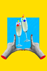 Contemporary art collage, modern design. Party mood. Female hands framing two champagne glasses with bright bubbles