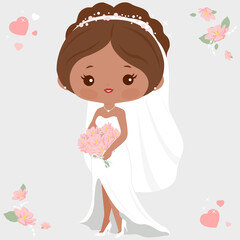 Beautiful bride in a white wedding dress holding a flower bouquet. Vector illustration