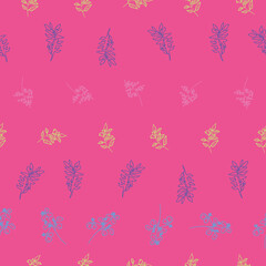 Fototapeta na wymiar Vector fushia pink background herbs, leaf, flowers and plants texture seamless pattern. Seamless pattern background