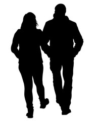 Families with little child walking on street. Isolated silhouettes of people on white background