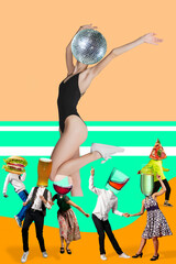 Contemporary art collage, modern design. Party mood. Giant woman dancing, headed by disco ball, surrounded with people, headed by alcohol and snacks