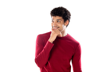 Cute african american man with afro hairstyle wearing a burgundy T-shirt