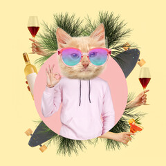 Contemporary art collage, modern design. Party mood. Man in pink outfit headed by stylish cat surrounded with cocktail glasses