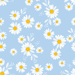 Seamless pattern with daisy flower on blue background vector illustration. Cute floral print.