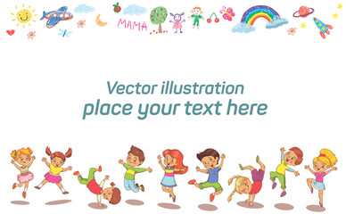 Vector set with little children. Preschool education. Sport jumping kids.