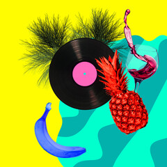 Contemporary art collage, modern design. Party mood. Pineapple, banana and glass of wine in pool with bright summer colors.