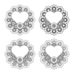 Set of Mehndi flower for henna, mehndi, tattoo, decoration. decorative ornament in ethnic oriental style. doodle ornament. outline hand draw illustration. coloring book page.