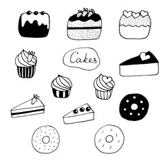 Set of cakes, cupcakes, cakes and donuts, vector illustration, doodle hand drawn